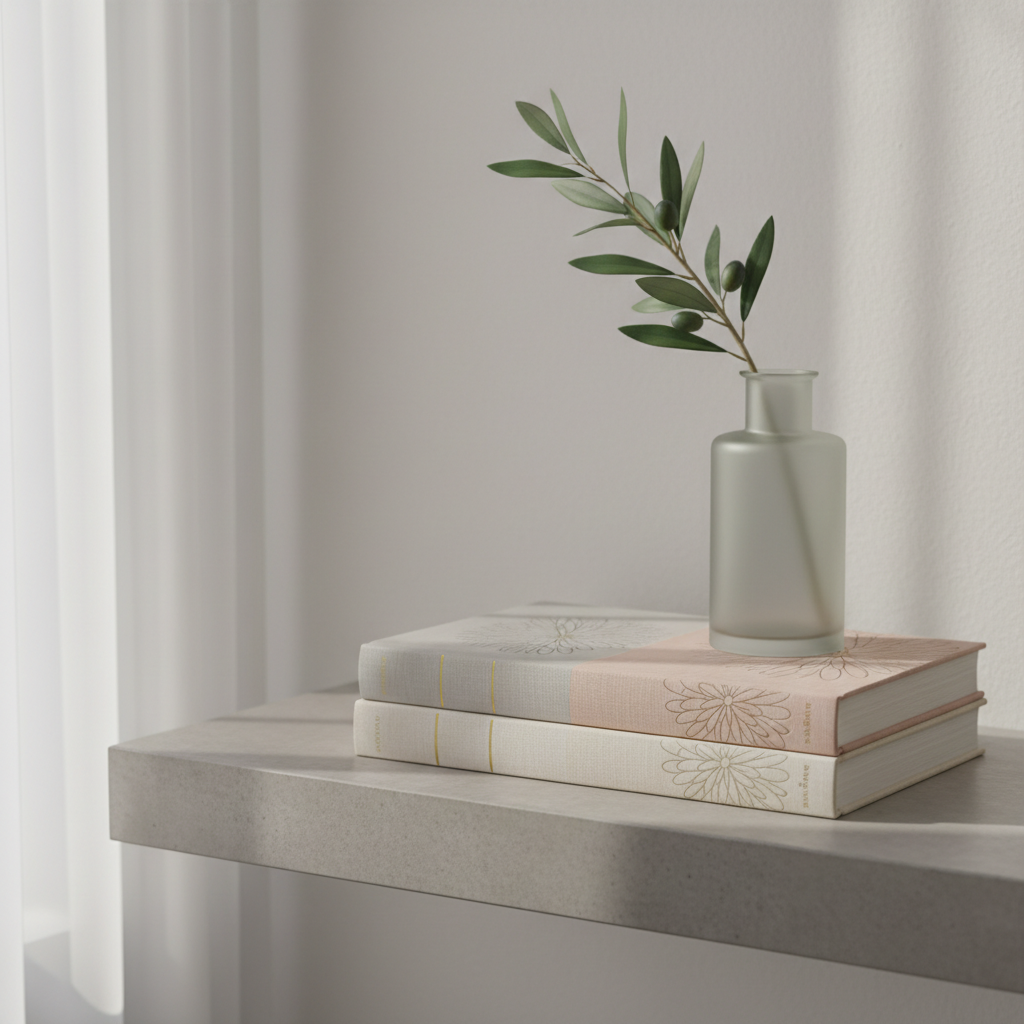 A stack of three elegantly designed, muted-toned books set neatly beside a minimalist, decorative olive branch in a frosted glass vase, both resting on a refined concrete shelf. The lighting consists of soft, indirect afternoon sunlight filtering through a sheer curtain, creating gentle, diffuse highlights on the covers and subtle shadows beneath. The background is minimalist, with only blurred suggestions of smooth walls. The composition uses an off-center framing to add visual interest and sophistication. The atmosphere is refined and serene, with an emphasis on clarity, elegance, and minimalist photographic realism, representing the enduring legacy of literature for an accomplished author.