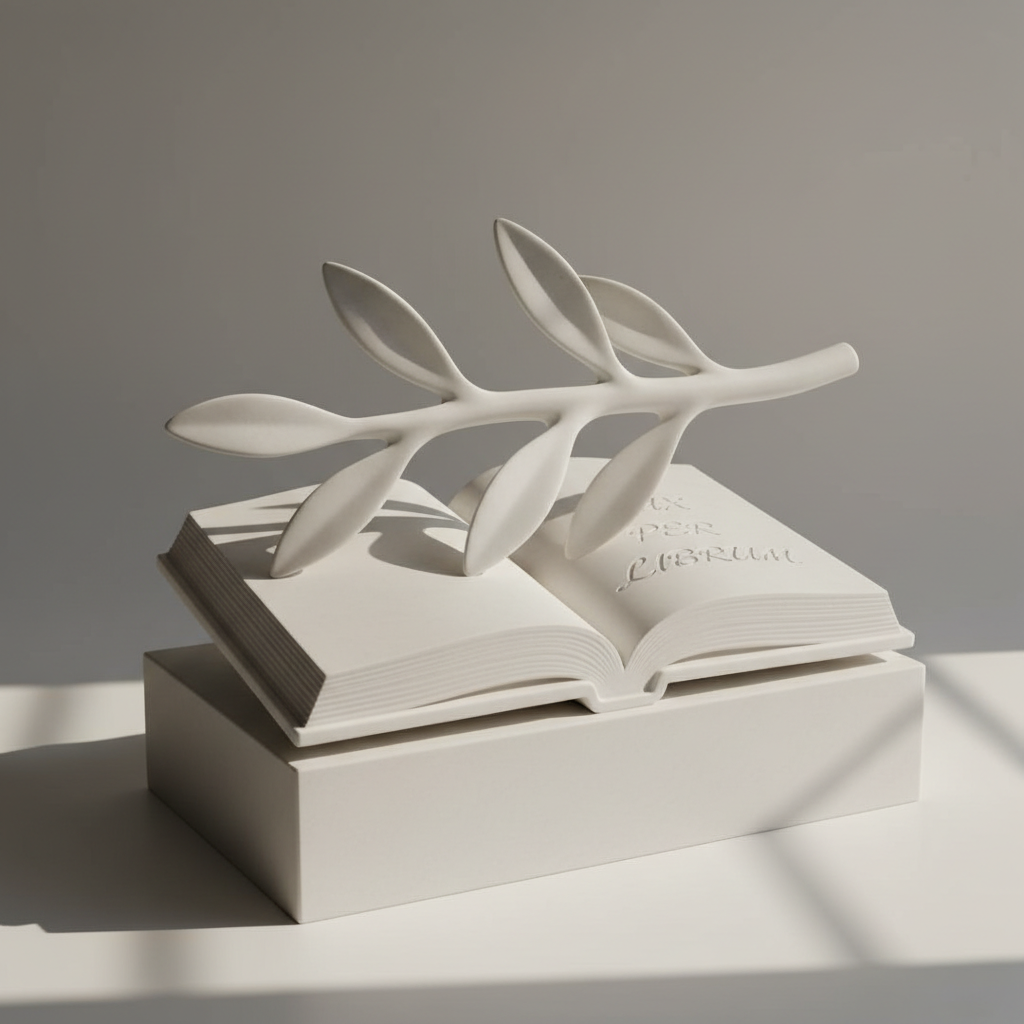 A symbolic peace sculpture rendered in sculpted matte white marble, depicting an olive branch delicately crossing over an open book engraved with subtle script. The sculpture sits atop a minimalist plinth against a softly gradient, neutral-toned backdrop. Dappled light plays across the marble’s gently detailed surface, casting elegant, elongated shadows that enhance the contours. The camera angle is slightly elevated, capturing both the sculpture’s form and the refined simplicity of its setting. The mood is graceful and contemplative, embodying the spirit of a militant for peace, and the image style remains rooted in photographic realism, minimalist composition, and sophisticated detail.