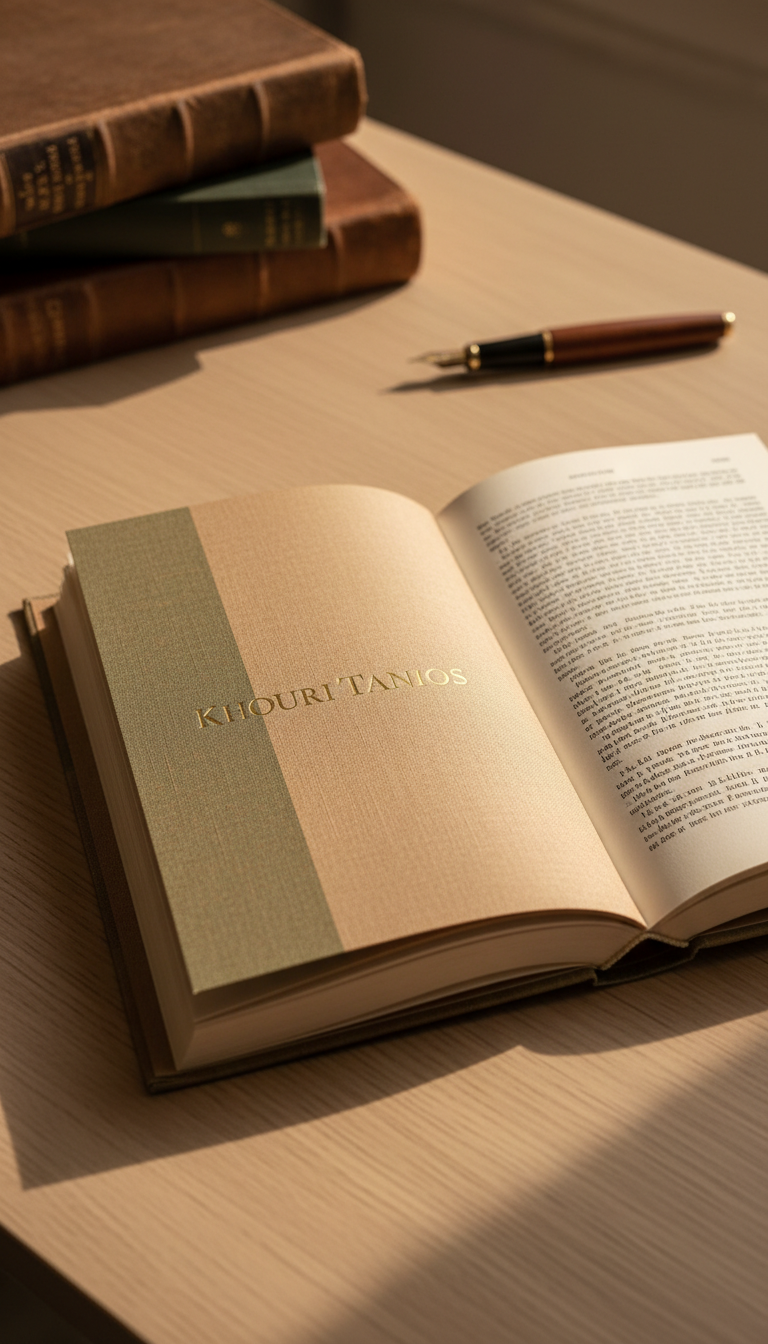 An elegantly bound hardcover book with a textured linen cover in muted earth tones, embossed with gold minimalist typography spelling "Khouri Tanios." The book is open to reveal finely printed pages with delicate typesetting, resting on a smooth, pale wooden desk. Subtle gradients of natural afternoon light cascade across the pages, casting soft shadows and lending a refined, contemplative ambiance. The background features an uncluttered, out-of-focus setting with faint hints of stacked books and a classic fountain pen. Photographed from an overhead angle with a shallow depth of field, the composition speaks to intellectual sophistication and minimalist elegance, evoking an aura of literary reverence aligned with a sophisticated, photographic realism style suitable for an auteur writer’s personal site.