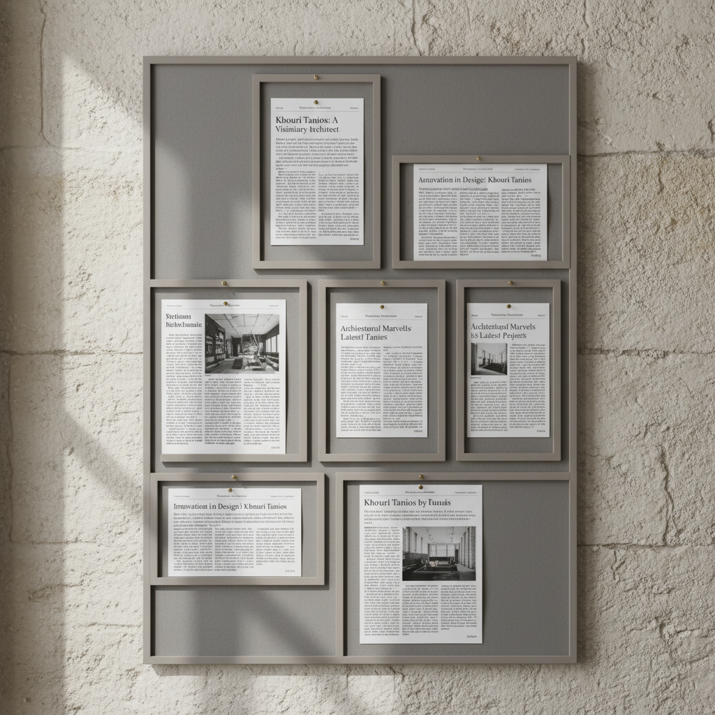 A meticulously crafted press clipping display, showcasing articles about Khouri Tanios elegantly arranged on a muted, matte gray corkboard. Each article is bordered by understated minimalist frames in soft taupe, with brass pins securing them. The surface rests against a pale limestone wall, bathed in gentle, indirect daylight that creates soft, harmonious shadows and highlights on paper textures. Captured from a frontal angle to emphasize clean lines, the scene exudes a sense of quiet accomplishment and refined documentation, presented in an elegant photographic, minimalist style perfectly suited to a sophisticated personal website.