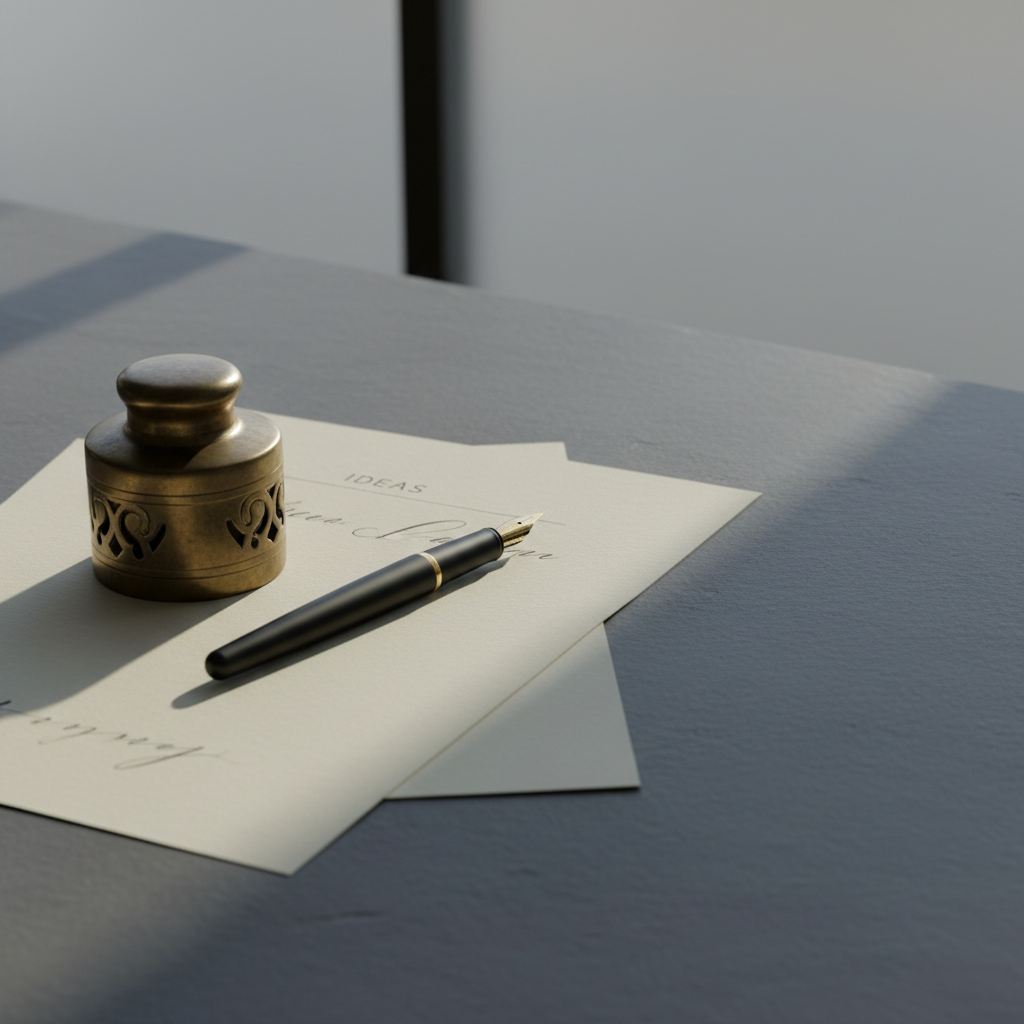 A minimalist, refined desktop arrangement featuring a vintage brass ink well and a slender, matte-black fountain pen poised atop thick, cream-colored writing paper. The surface is a cool, slate-gray stone, reflecting subtle, diffused daylight from a nearby frosted glass window, creating gentle highlights on metallic surfaces and soft, gradient shadows. The composition is carefully balanced according to the rule of thirds, with ample negative space that heightens the sense of calm, focus, and elegance. The overall mood is contemplative and sophisticated, serving as a visual echo of a writer’s thoughtful environment, with muted palette and fine, photographic detail.